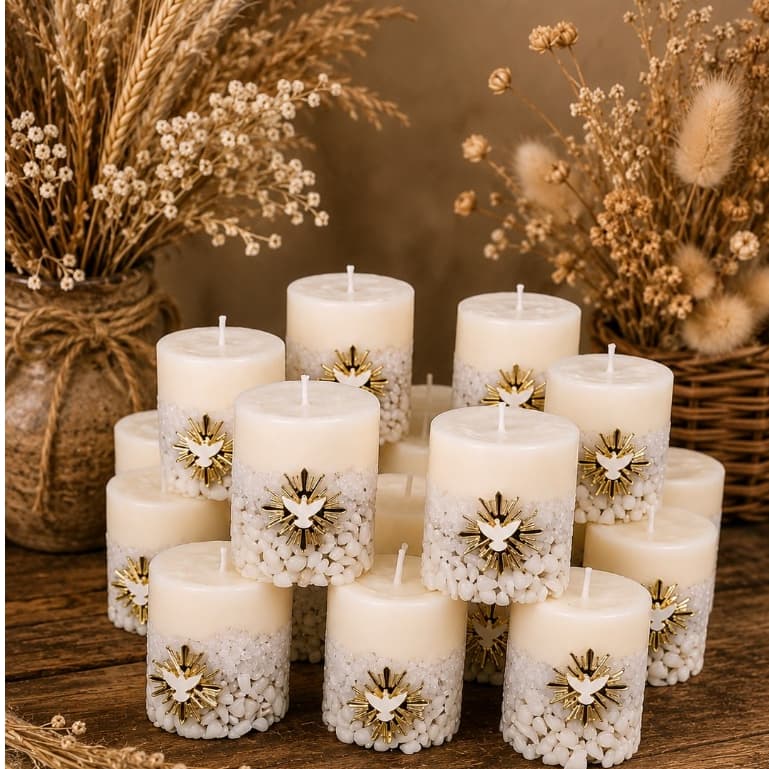 Kit 10 Mini Velas Espirito Santo 4,5 cm Lembrancinha Especial para Casamento Crisma Batizado primeira Comunhão
