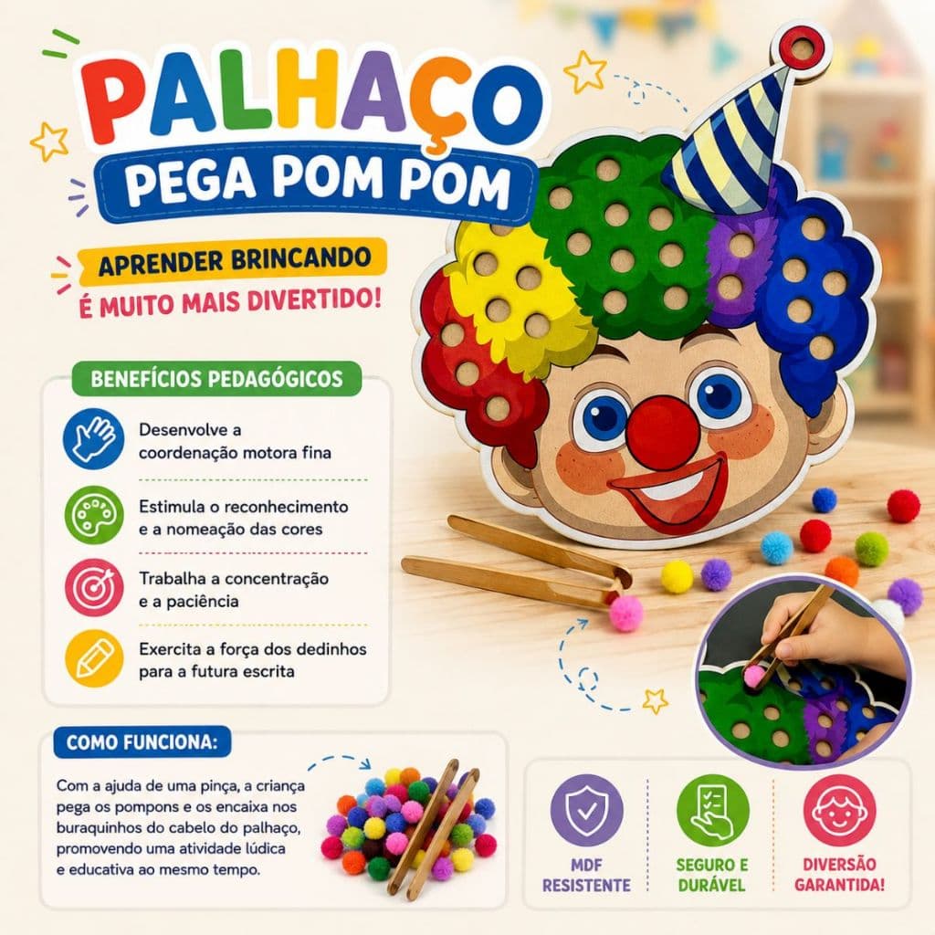 Jogo Pega Pom Pom Em Madeira Coordenação Motora E Distinção De Cores Brinquedos Pedagógicos