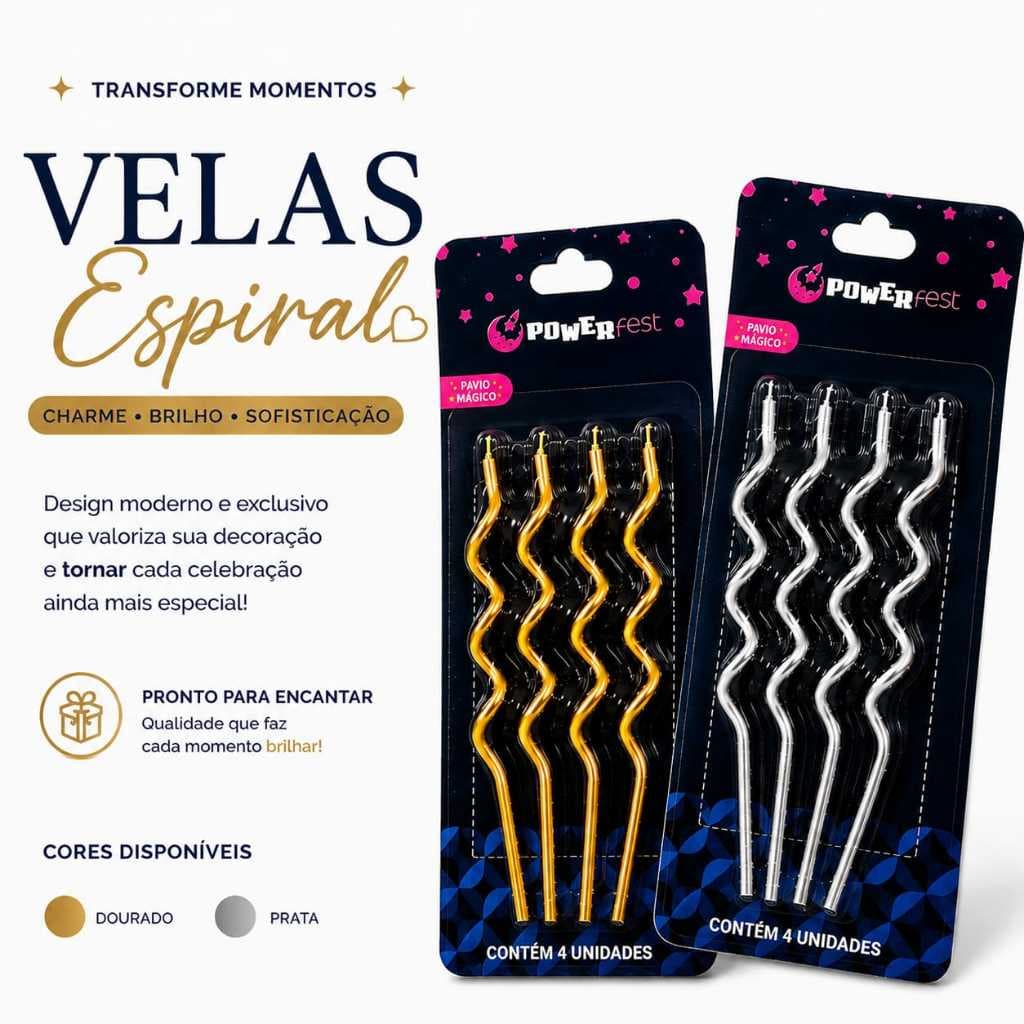 Velas Espiral Pavio Mágico 4 Unidades Dourada, Prata para Bolo Aniversário Festa Decoração