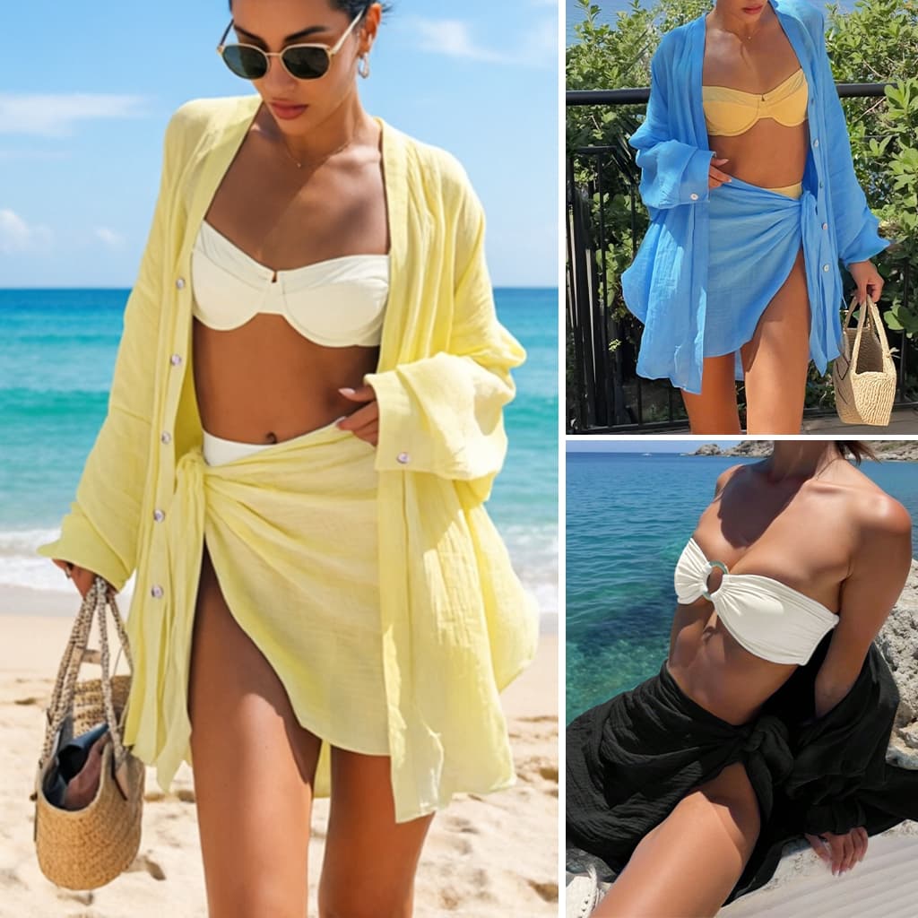 Conjunto Feminino Camisa Saia Amarrada Look Praia com Biquíni Ideal para Férias e Passeios
