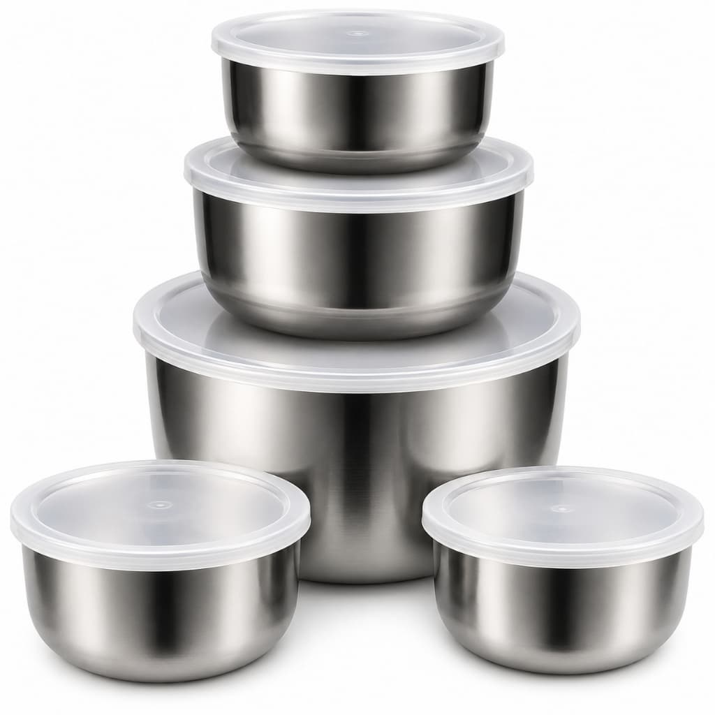 Potes de Aço Inox Kit com 5 com Tampas Plásticas Herméticas e Maleáveis para Armazenar Alimentos