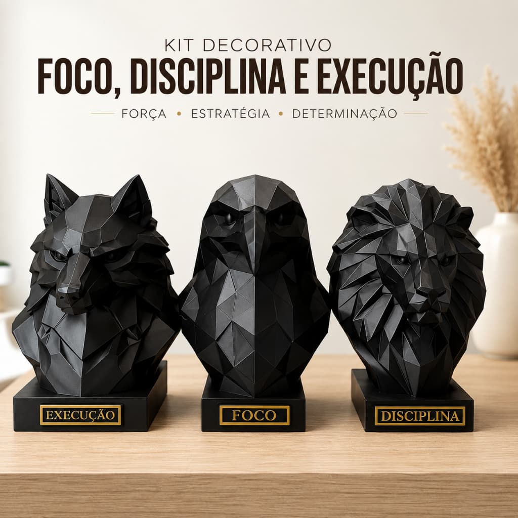 KIT DECORATIVO LOBO AGUIA LEAO FOCO DISCIPLINA EXECUÇAO DECORAÇAO SALA ESCRITORIO QUARTO