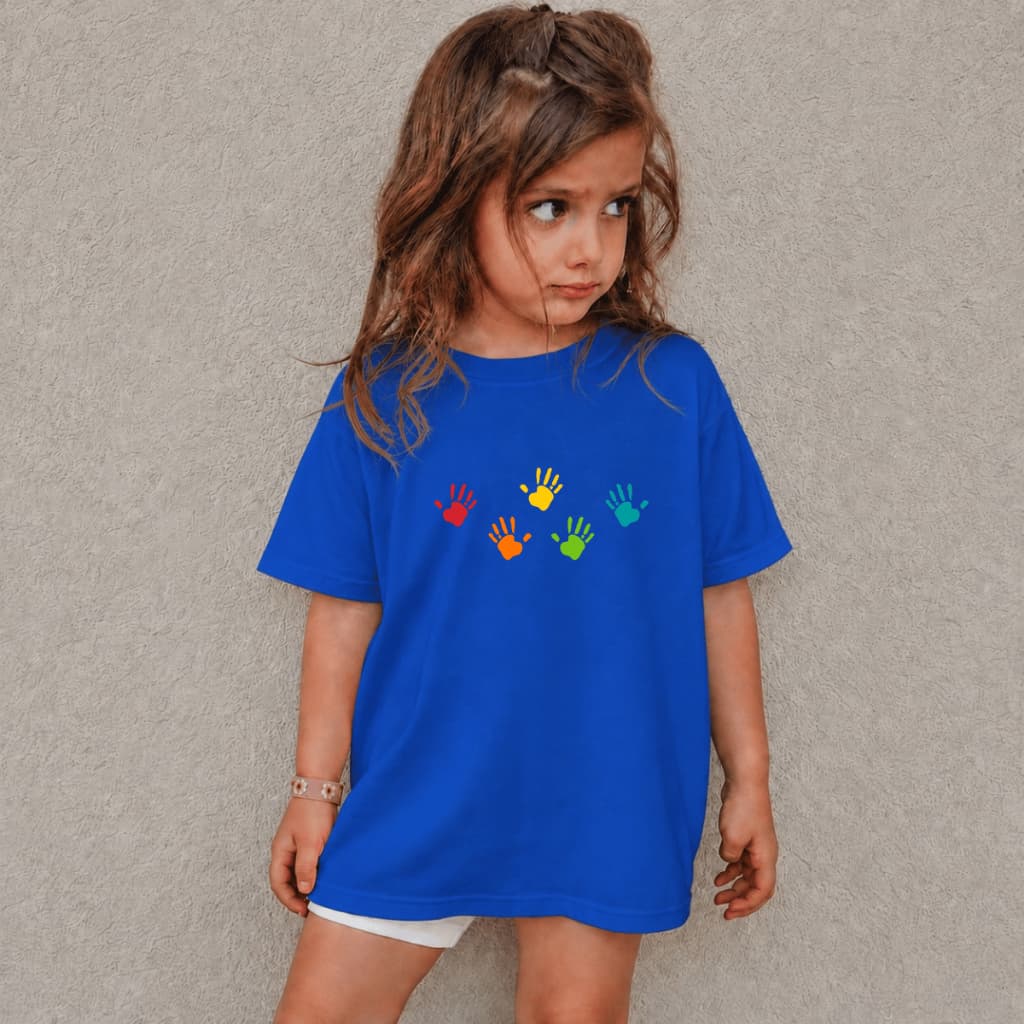 Blusa Feminina 100% Algodão Estampada Desenho Mãozinhas Criança Fofo Coloridos Camiseta Para Garotas Casual Confortável