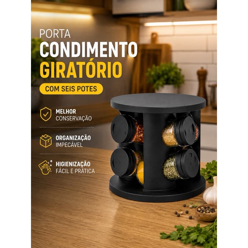 Porta Condimentos Giratório 6 Potes de Vidro Organizador de Temperos Porta Tempero para Cozinha Preto