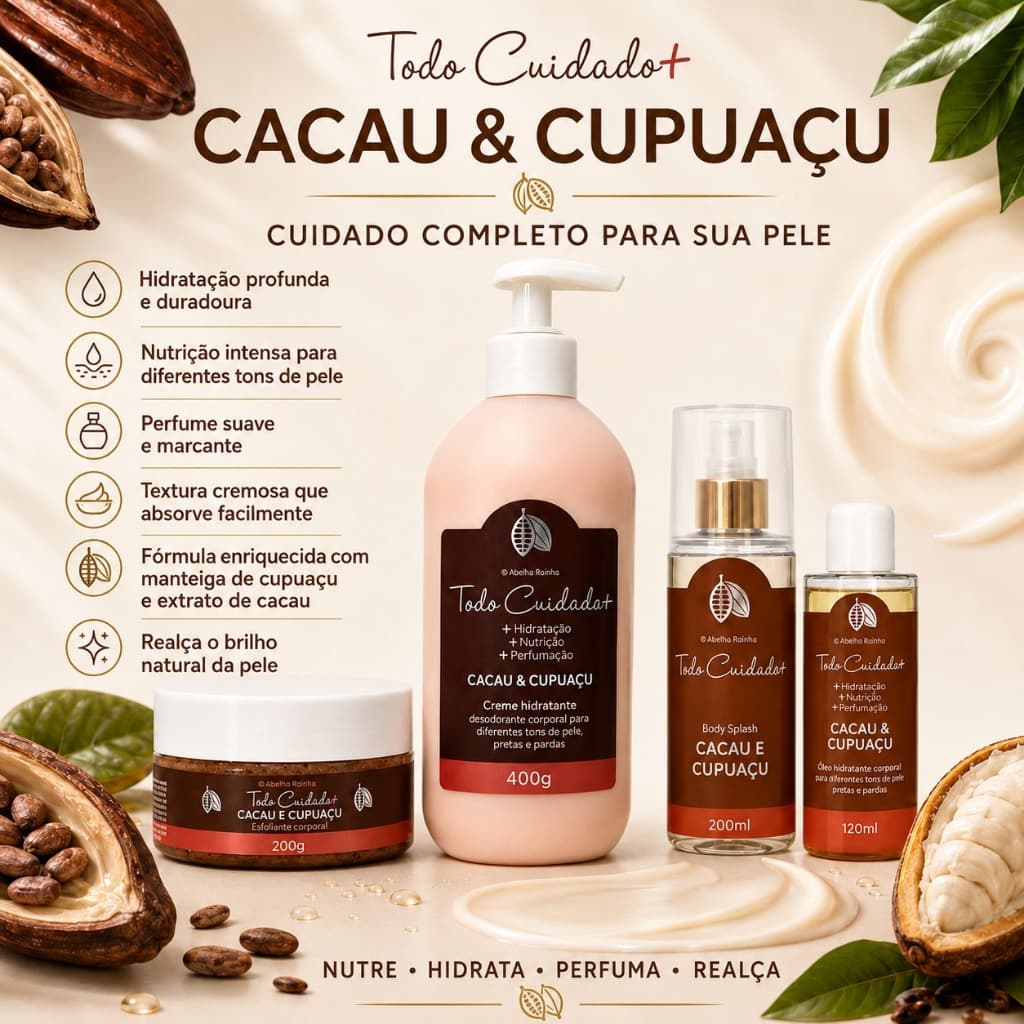 Kit Corporal Cacau & Cupuaçu Com Hidratante 400g Body Splash 200ml Óleo 120ml E Esfoliante 200g