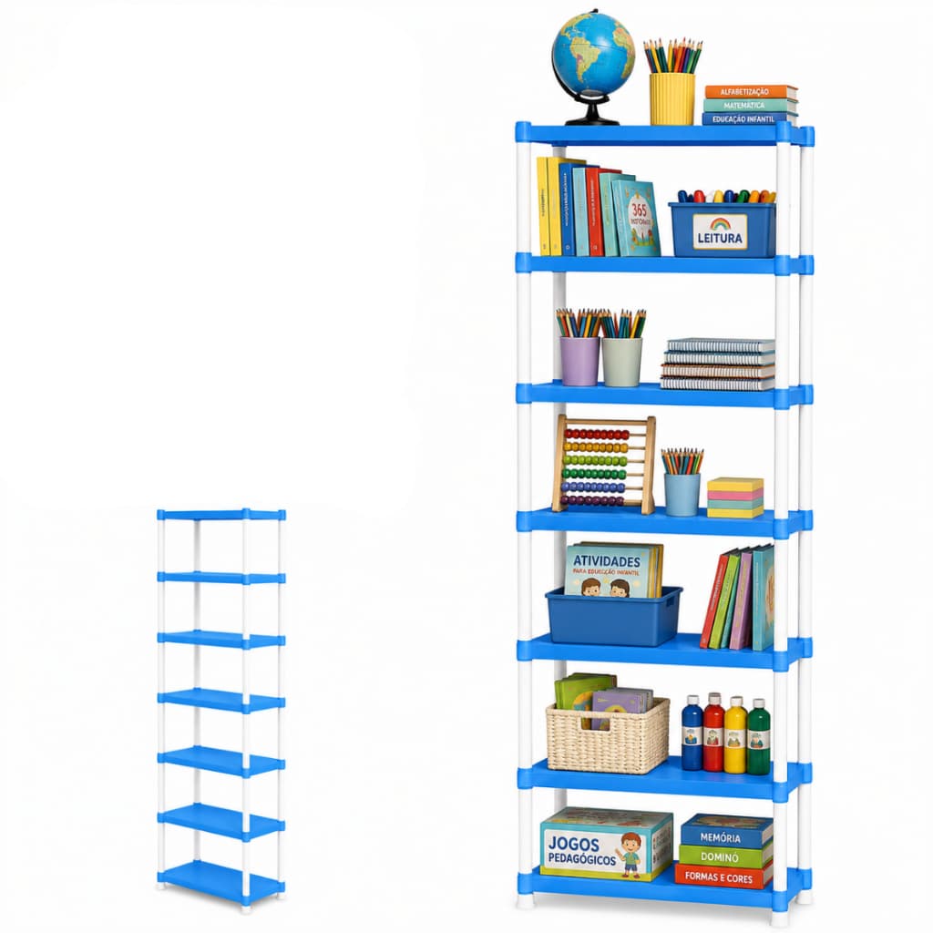 Prateleira Estante 7 Andares Azul Resistente 7kg Infantil Bebê Quarto Criança Livros Multiuso