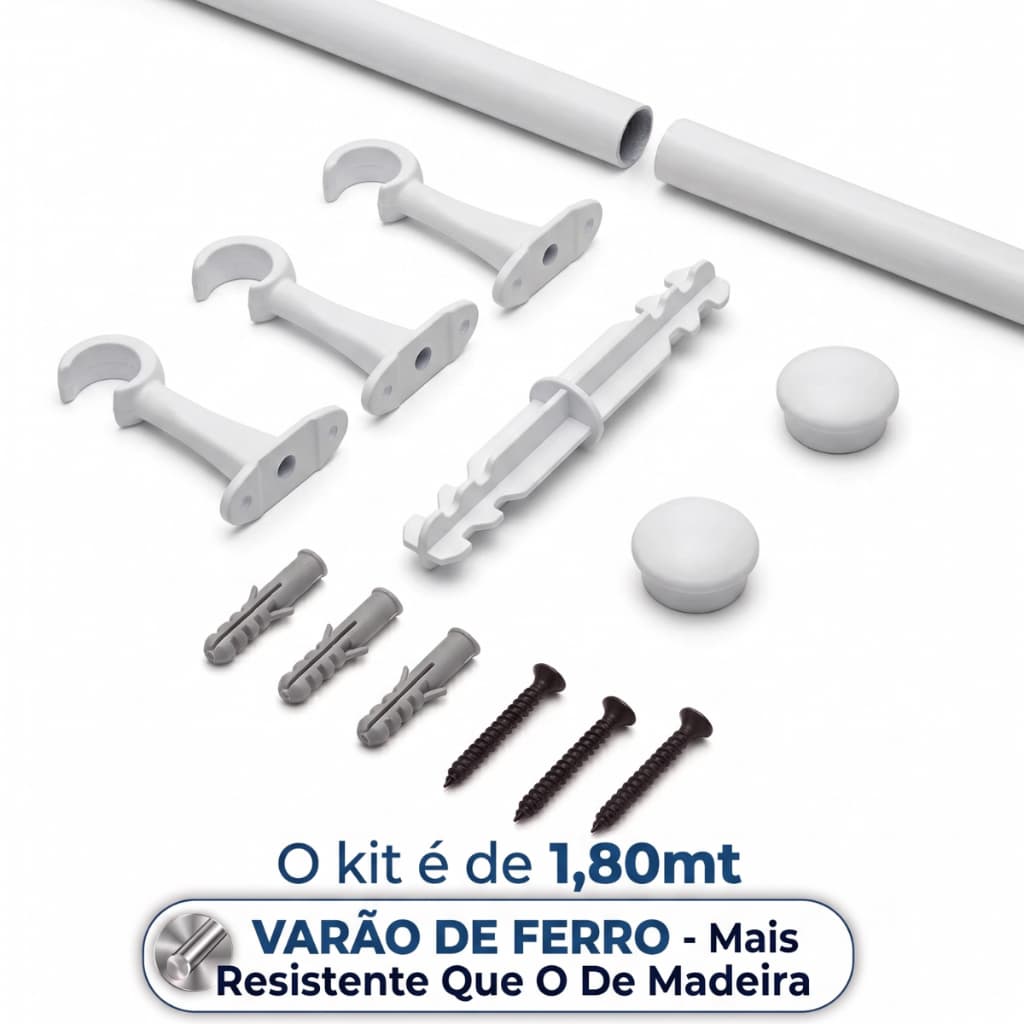 Kit Varão Para Cortina 1,80m 19mm Fino Ferro Aço Completo Com Suportes Ponteira Bucha Parafuso Sala Quarto