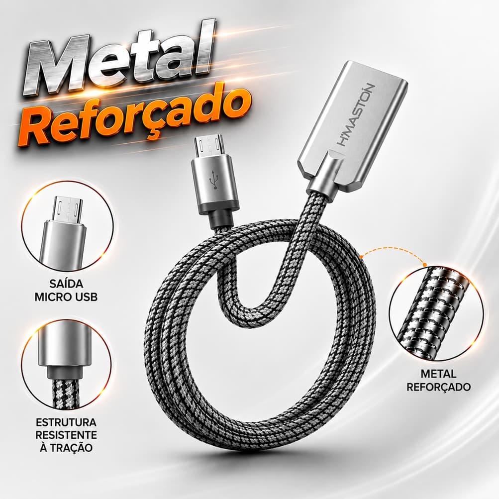 Cabo Carregador Micro USB V8 Metal Reforçado H’Maston 1 Metro Metal Original Carga Rápida para Samsung Motorola