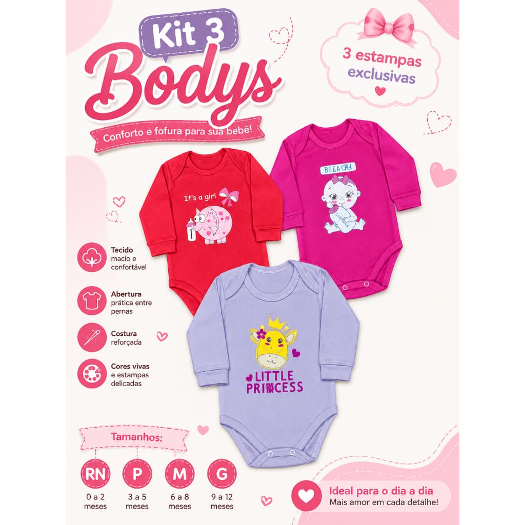 KIT COM 3 BODY INFANTIL MENINA MANGA LONGA