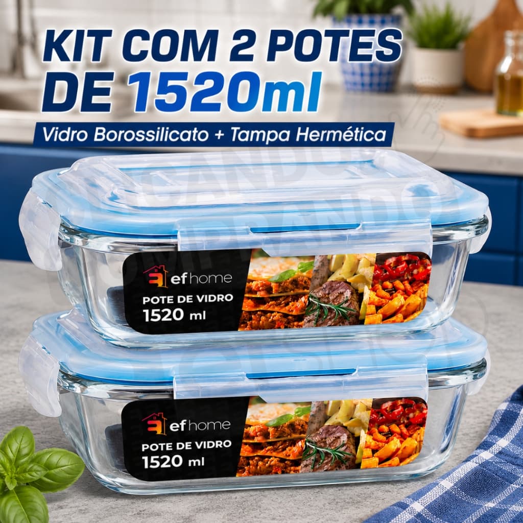 Kit 2 Potes 1520ml De Vidro Com Tampa Hermética e Travas Vai ao Forno/Freezer