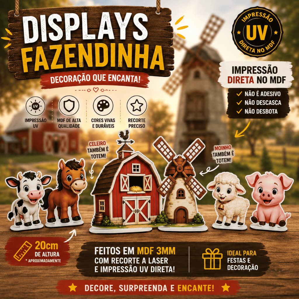 Kit Totem Fazendinha MDF 20cm Impressão UV Decoração Festa Infantil Animais Celeiro Moinho Aniversário Personalizado