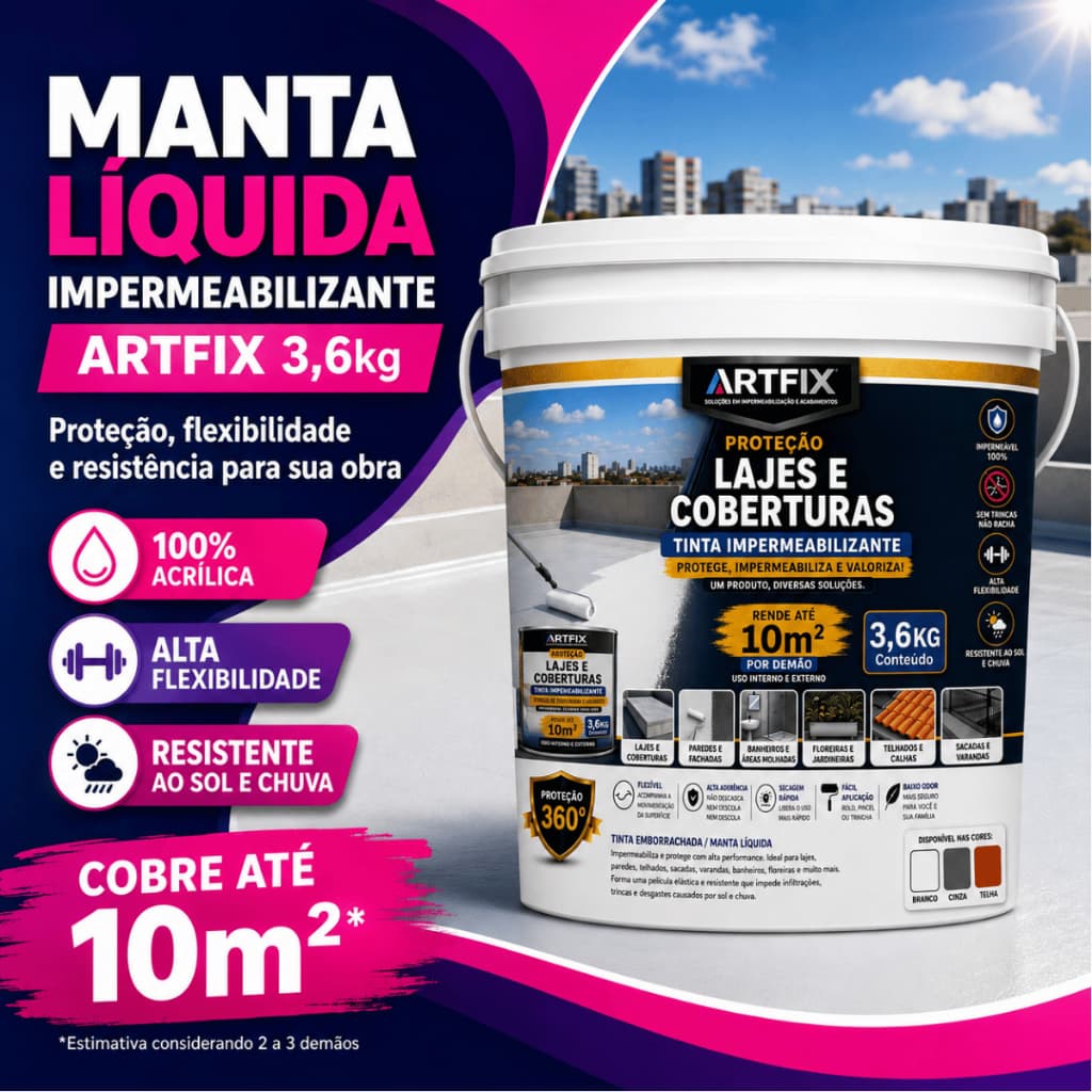 Manta Acrílica Impermeabilizante Artfix 3,6Kg Membrana Flexível Proteção para Obra Telha Zinco Laje
