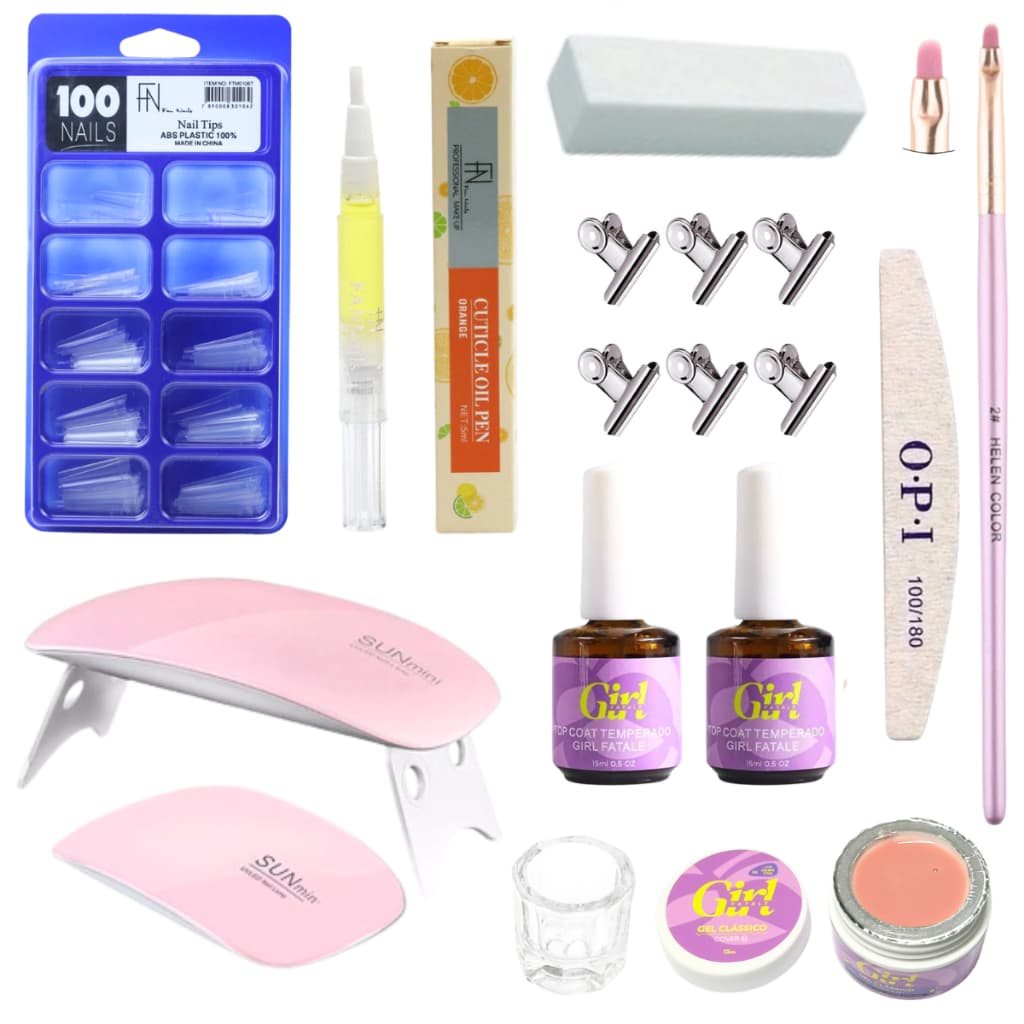 Kit Alongamento De Unha Gel Cabine Estufa Sun Mini 6w Top Coat Primer 100Tips/Acrigel/Porcelana