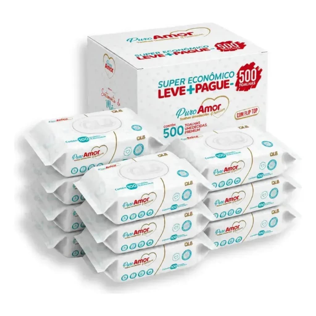 Kit 500 Toalhas Umedecidas Puro Amor Premium - 98% Água