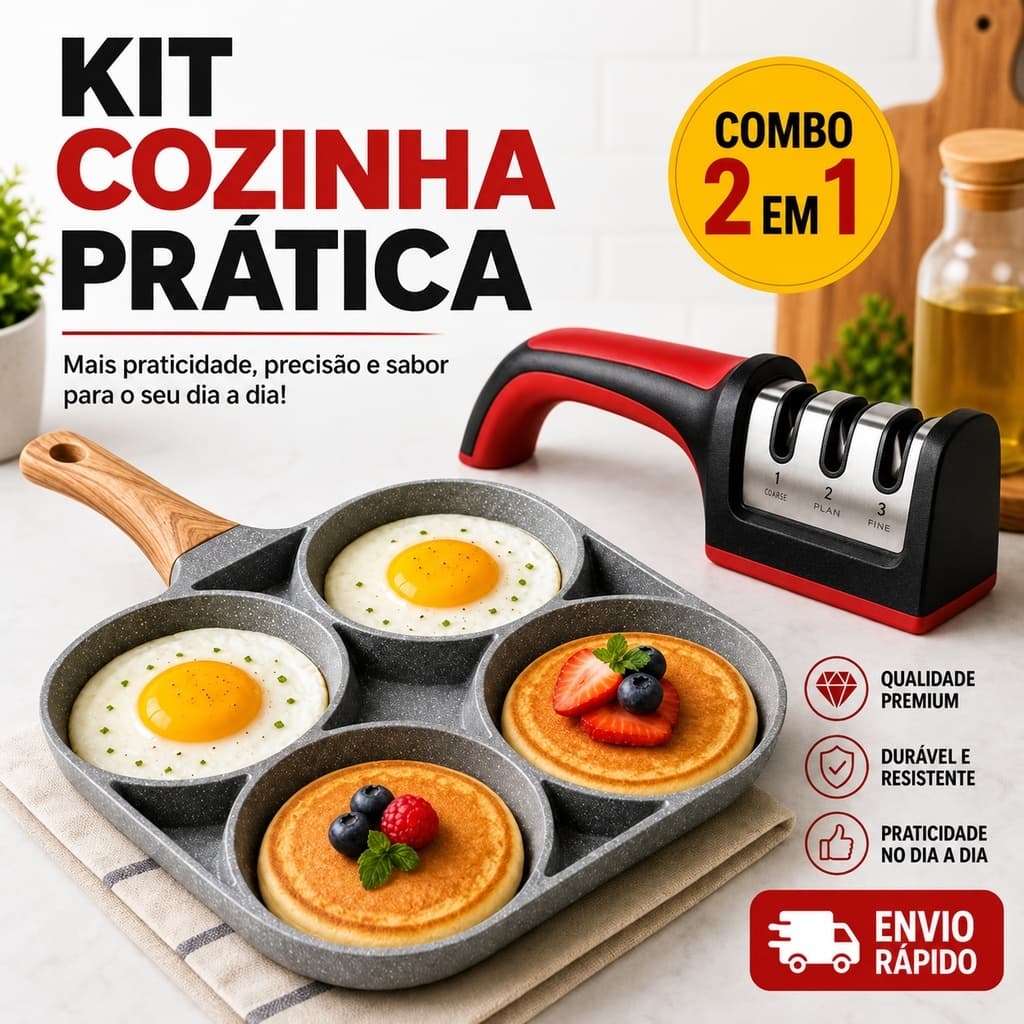 Kit Cozinha Prática: Frigideira 4 Furos Antiaderente Para Ovos e Hambúrguer + Afiador Amolador de Facas 3 Estágios