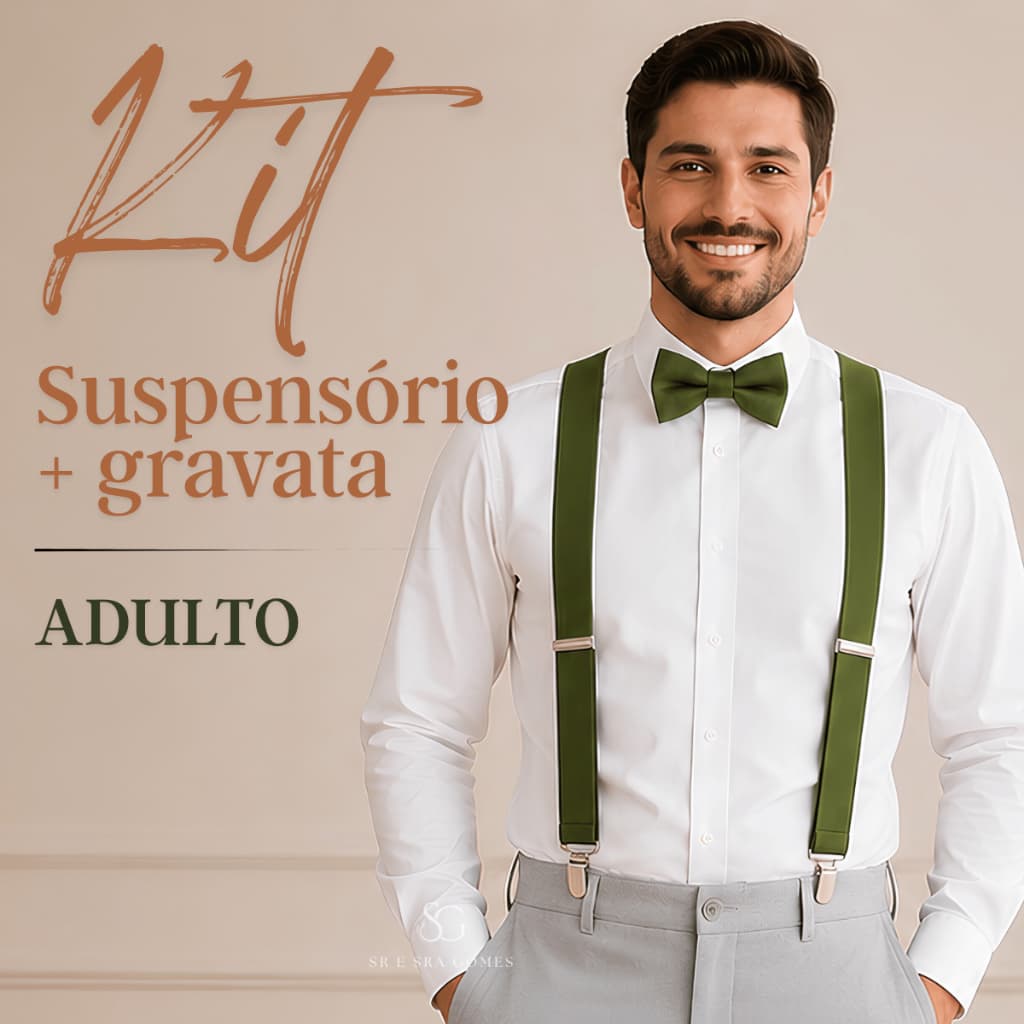 Kit Suspensório Verde Oliva + Gravata Borboleta Adulto