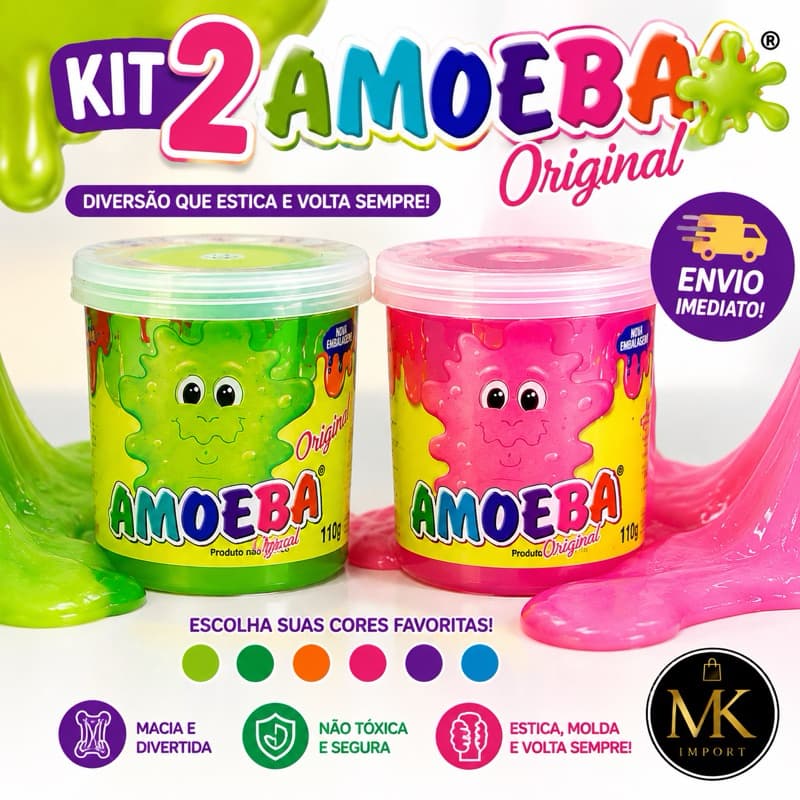 Kit 2 Amoebas Original 110g – Slime Infantil Colorido | Envio Imediato