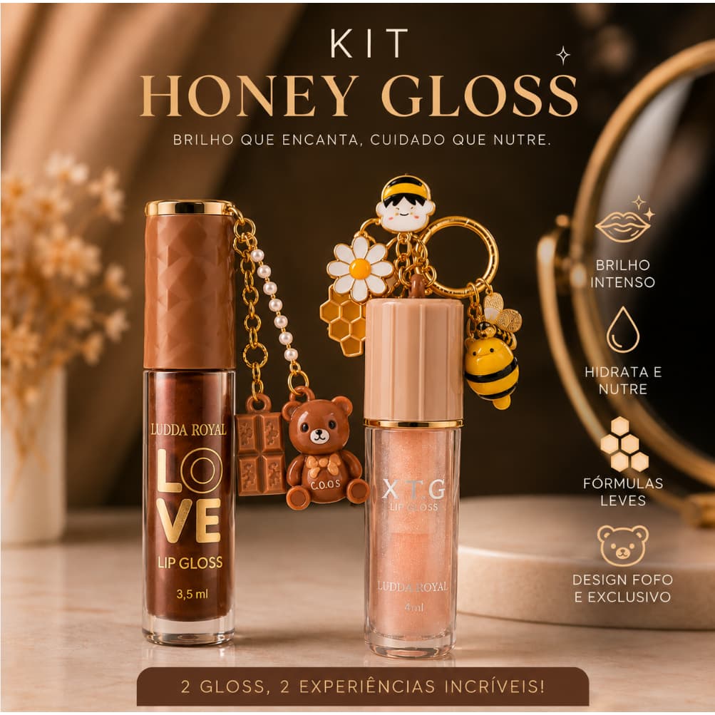 Kit Gloss Labial Mel + Chocolate com Chaveiro Lip Gloss Brilho Hidratante Gloss Marrom e Nude ou apenas 1 gloss