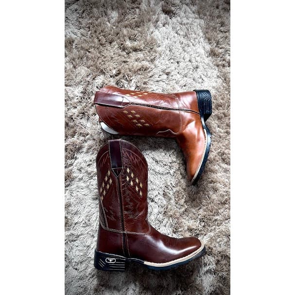 Bota Texana Country Em Couro Legítmo Bico Quadrado Bordada Confortável Em Palmilha Em Gel