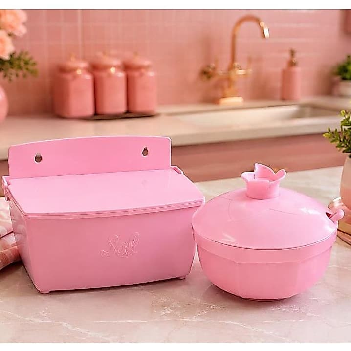 Kit Saleiro de Parede + Açucareiro Rosa com Tampa e Colher Organizador para Cozinha Kit Cozinha Rosa