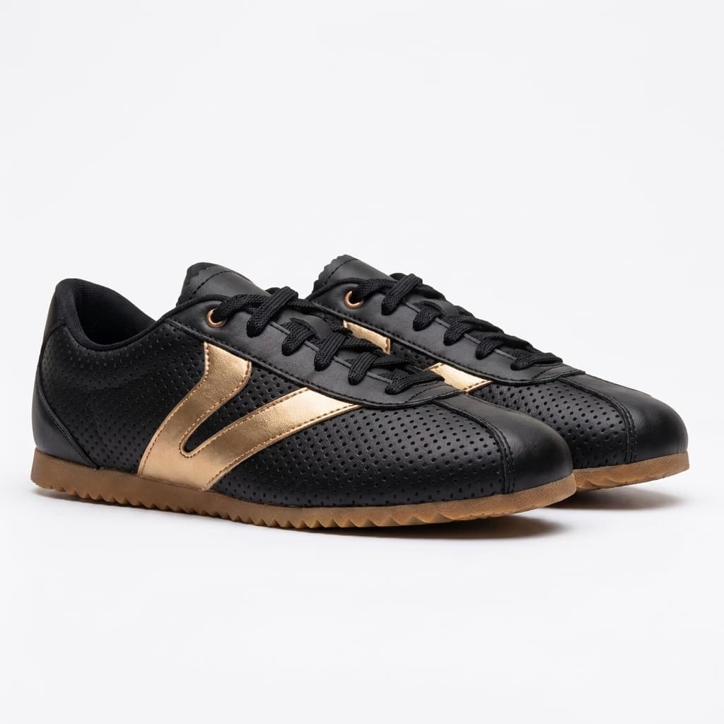 Tênis Feminino Couro Legítimo Naomi Preto com Rosê Casual Vittal Clássico Retrô Leve Confortavel