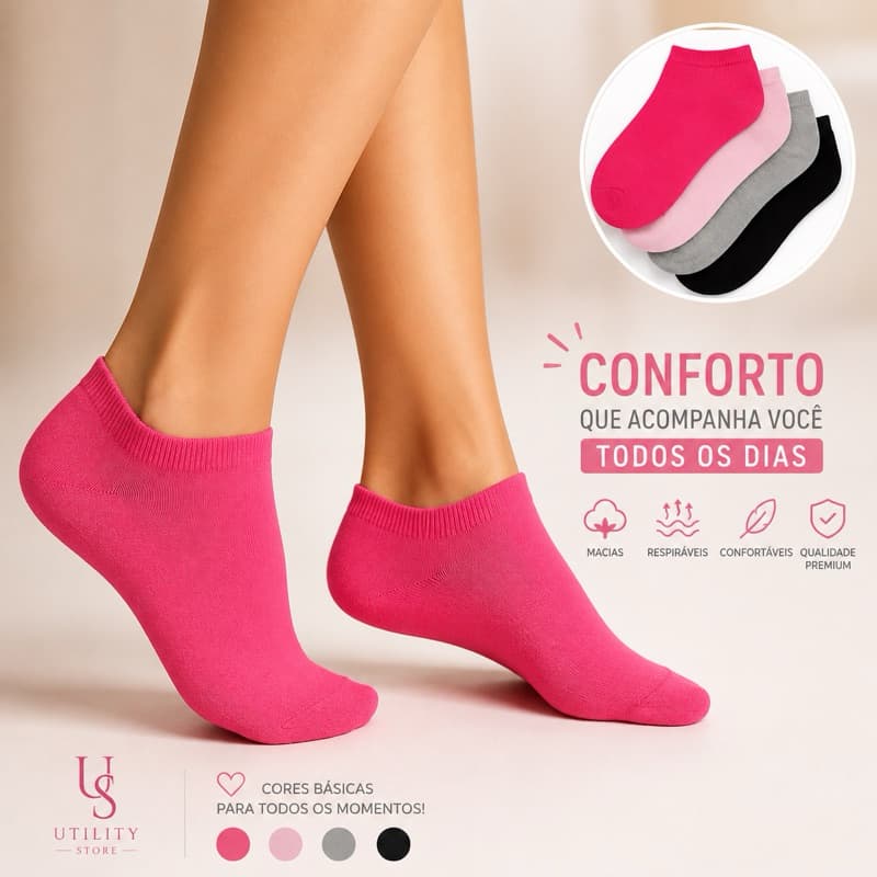 Kit até 24 Pares Meia Feminina Soquete Lisa Cano Curto Premium Veste 35 ao 40