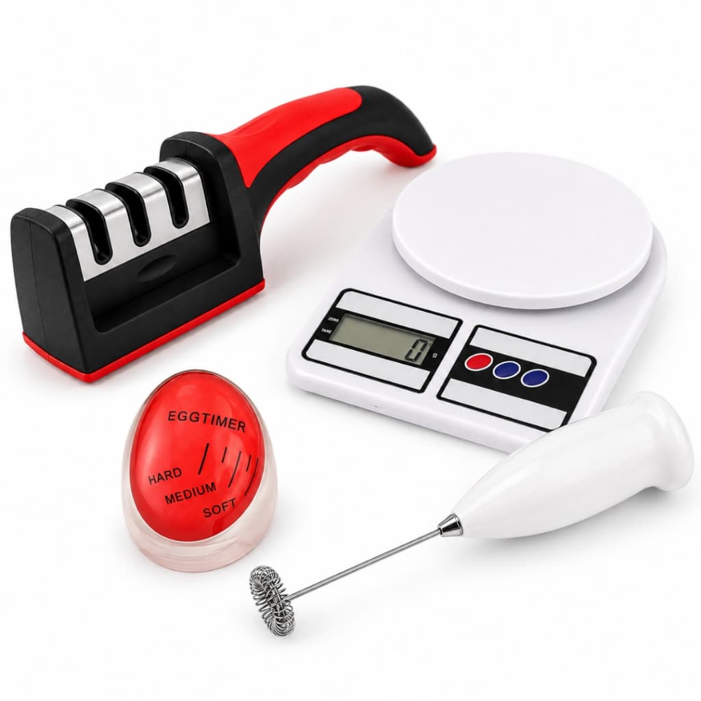 Kit Cozinha 4 Peças Balança Digital Afiador de Facas Mixer Elétrico e Timer de Ovo Utensílios Práticos para Cozinha