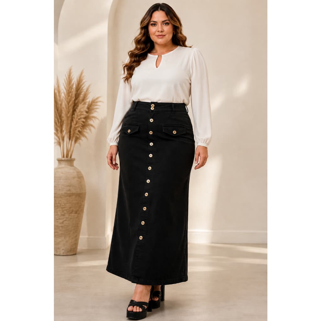 Saia Longa Jeans Preta Plus Size Evangélica Feminina Cós Alto  com Lycra Modela sem apertar botoes funcionais 46 ao 56