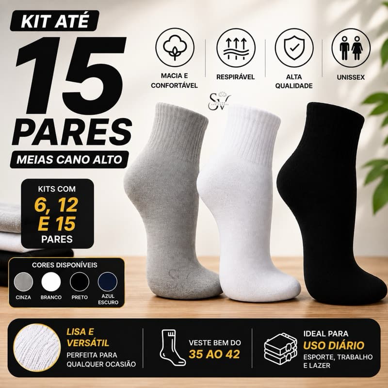 Kit 6/12/15 Pares Meias Cano Alto Unissex Masculina Feminina Lisa