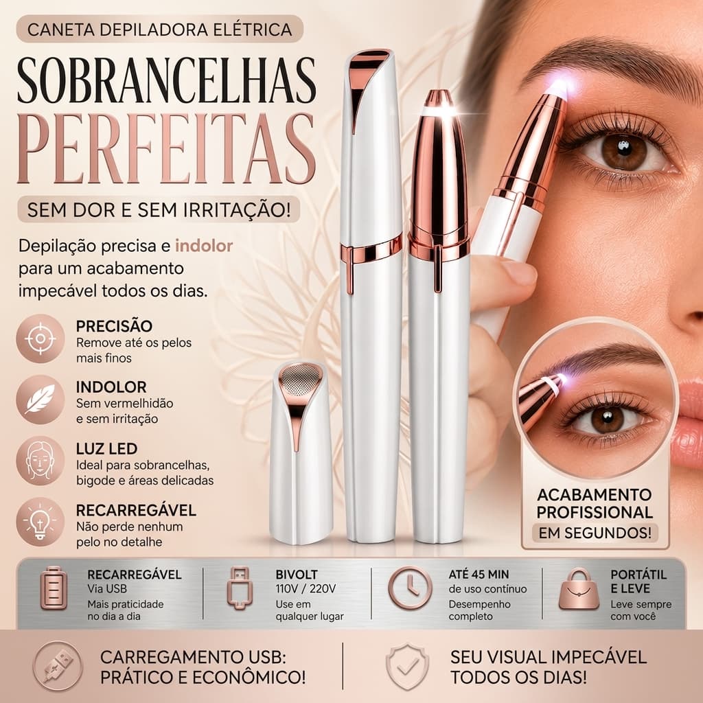 Caneta Depiladora Sobrancelha Elétrica Recarregável USB Aparador Facial Sem Dor com Luz LED Portátil Bivolt