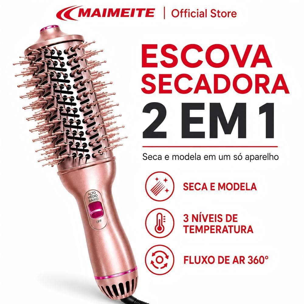 MAIMEITE Escova Secadora 2 em 1 Bivolt 110V-220V 3 Temperaturas Íons Negativos Seca e Modela