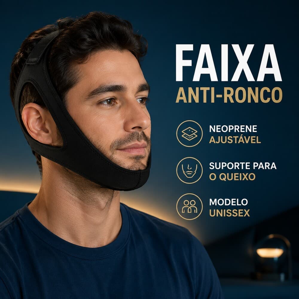 Queixeira Anti Ronco Faixa Mandibular 3 Pontas em Neoprene Ajustável com Velcro Suporte para Queixo ao Dormir Unissex