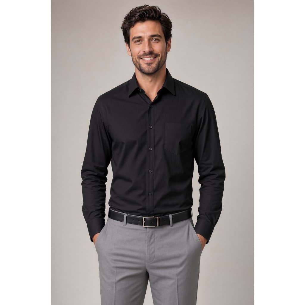 Camisa Social Masculina Manga Longa Preta Lisa Microfibra com Elastano Bolso Trabalho Uniforme Escritório