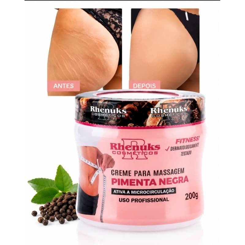 Creme para Massagem Pimenta Negra Rhenuks 200g | Ativa Microcirculação | Modelagem Corporal | Termoativador