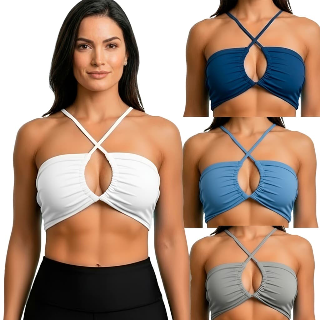 Top Feminino Fitness Cropped com Amarração nas Costas Decote Cruzado Academia Treino Casual