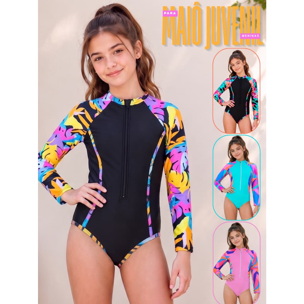 Maiô Juvenil Manga Longa Menina Proteção UV Zíper Frontal Natação Praia Piscina Conforto