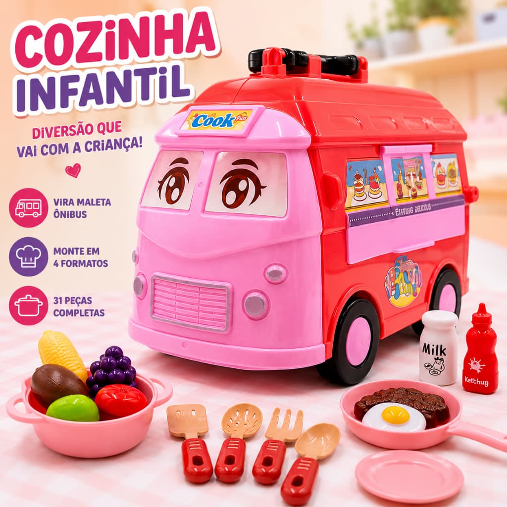 Cozinha Infantil De Montar 31 Peças Maleta Ônibus Food Truck Com Pia Fogão Frutas E Acessórios