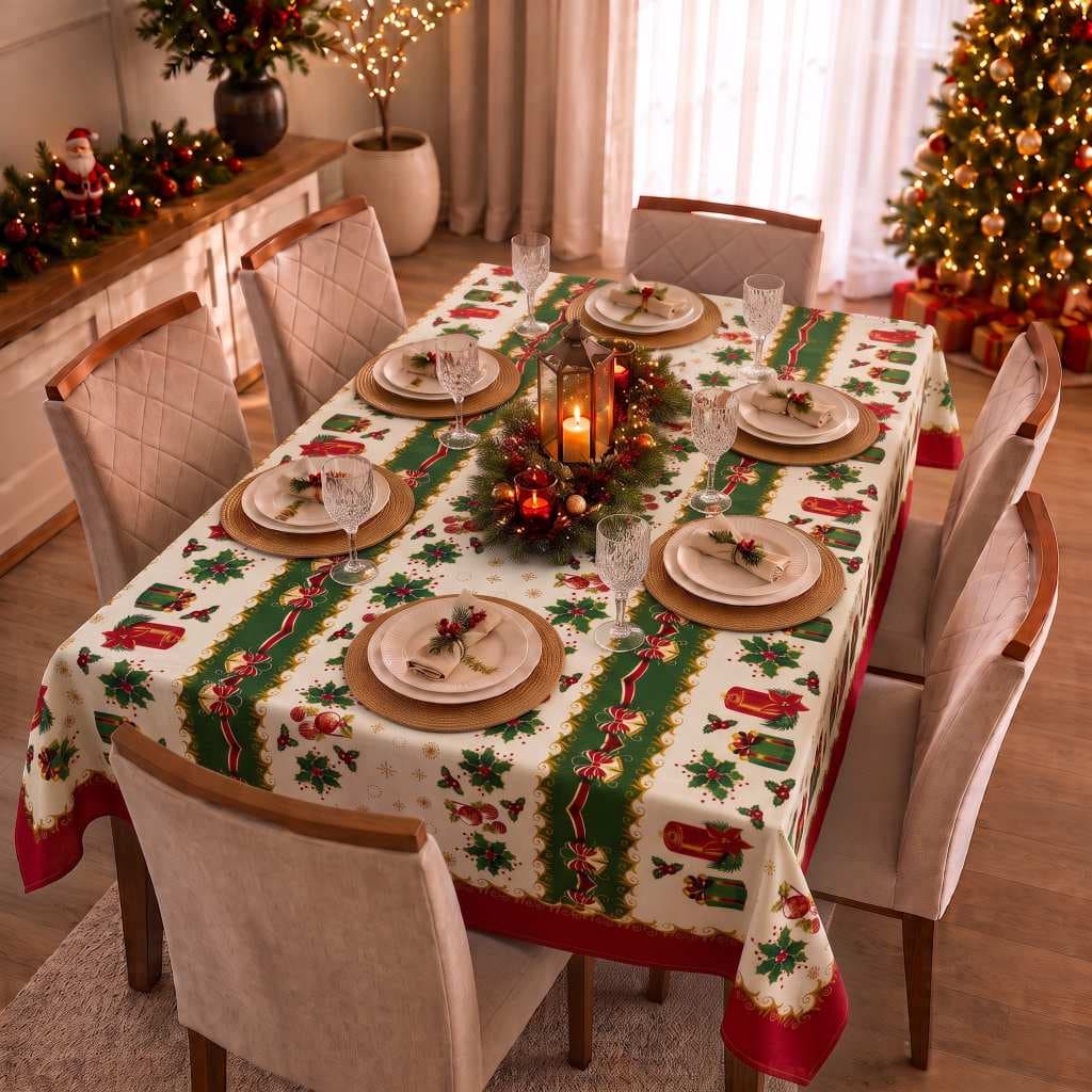 Toalha de Mesa Decoração Natalina 2,00x1,40 Oxford 6 Lugares Acabamento com Bainha