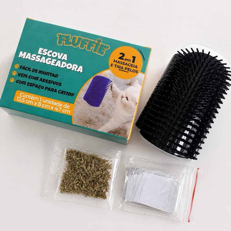 Escova Massageadora para Gatos 2 em 1 Tira Pelos com Catnip Autoadesiva