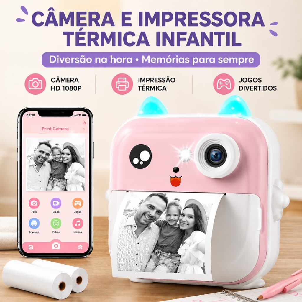 Câmera Impressão Instantânea Criança Vídeo Foto Mini Impressora Térmica Menino Menina Recreação