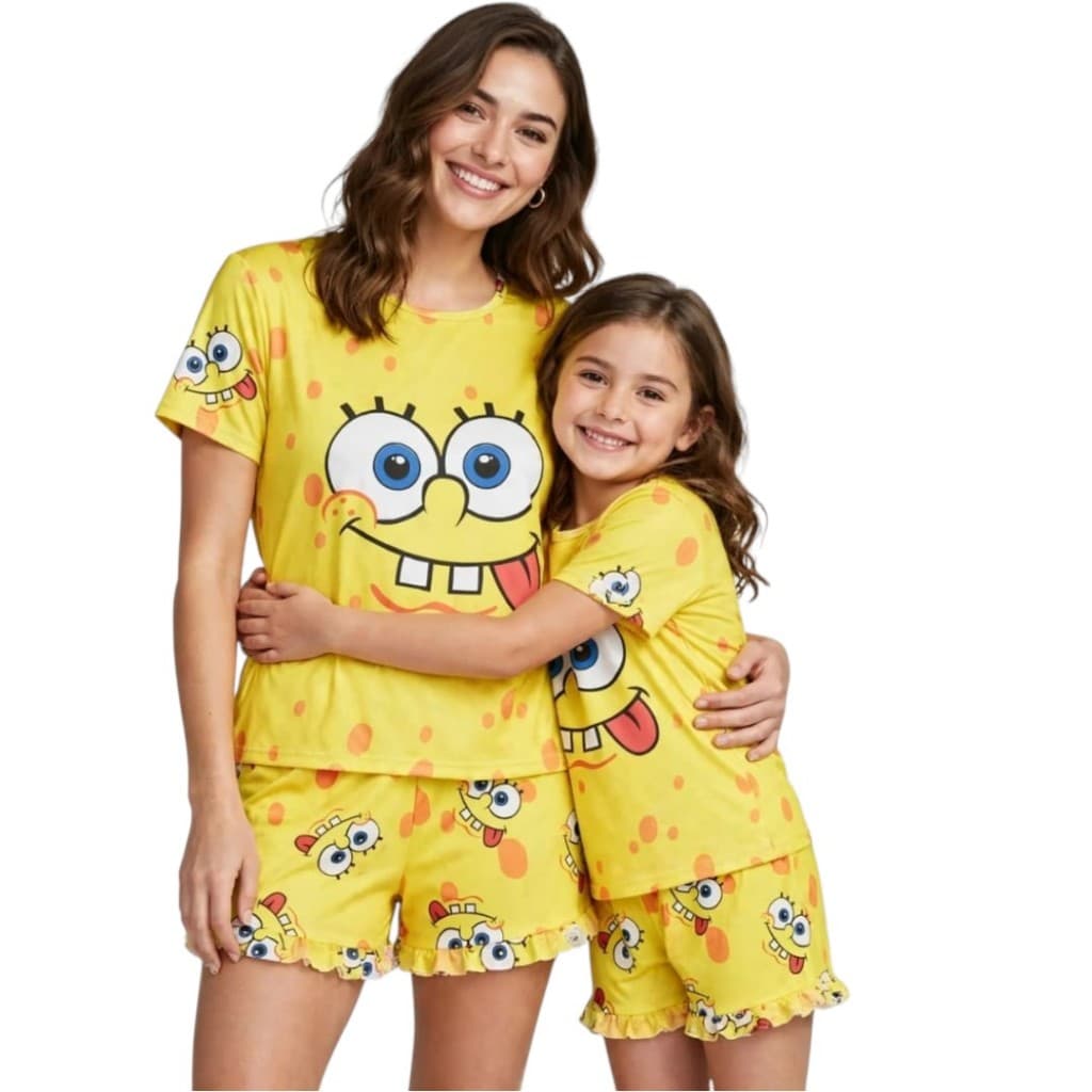 Kit 2 pijama mãe e filha baby doll conjunto verão blusinha e shorts para dormir personagens luxo