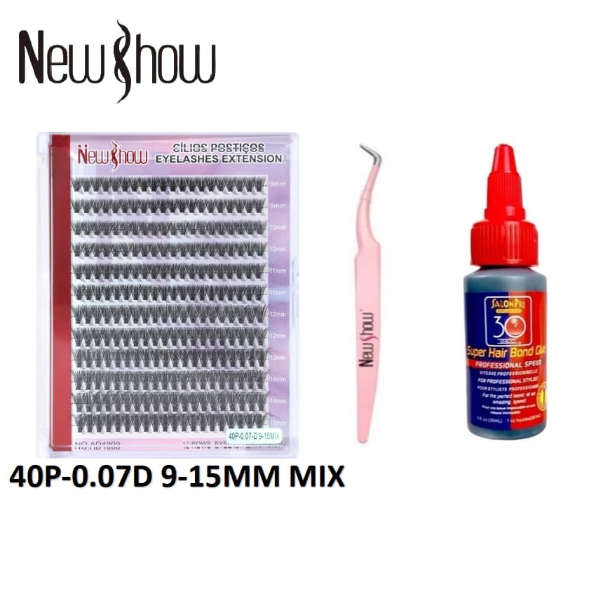 New Show  Cílios Postiços Tufo 40P/SR071/SH119 Curl Mix 9-15mm+1 Super Cola 30ml Salon Pro+1 Pinça