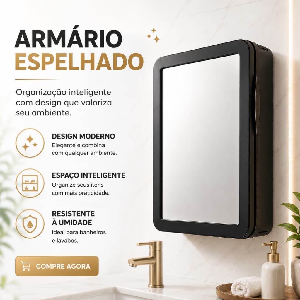 Armário Banheiro com Espelho Sobrepor Embutir Organizador Compacto Preto Branco Fácil Instalação