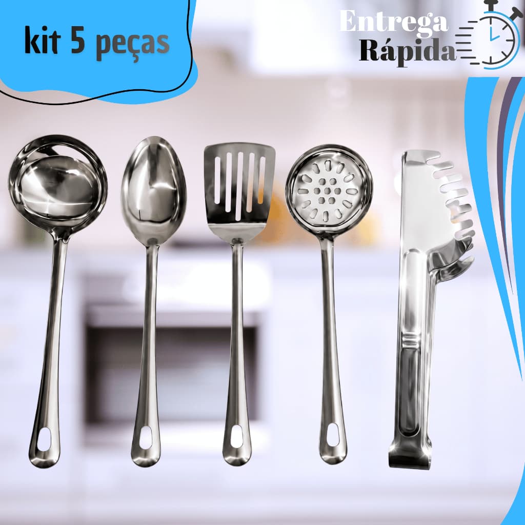 Kit 5 Utensílios Cozinha  Inox  Colher de Arroz Concha Escumadeira Espátula Vazada Pegador de Massa Jogo Completo Buffet