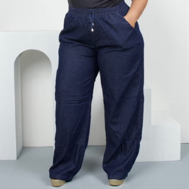 Calça Jeans Escura Wide Leg Plus Size Feminina Cintura Alta Pantalona Tecido Leve Fashion Premium Modelagem Solta