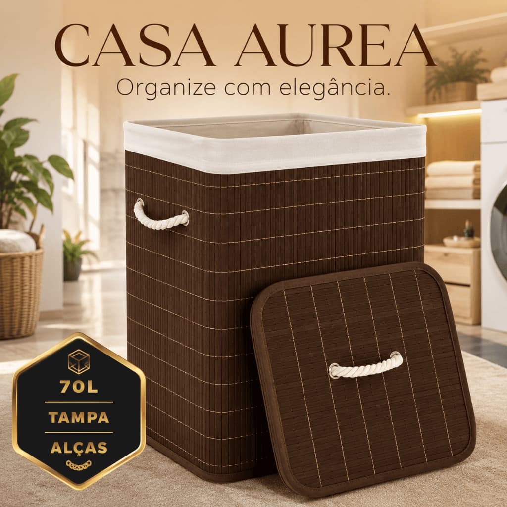 Cesto de Bambu 70L Casa Aurea com Tampa e Alças Organizador de Roupas Lavanderia Quarto