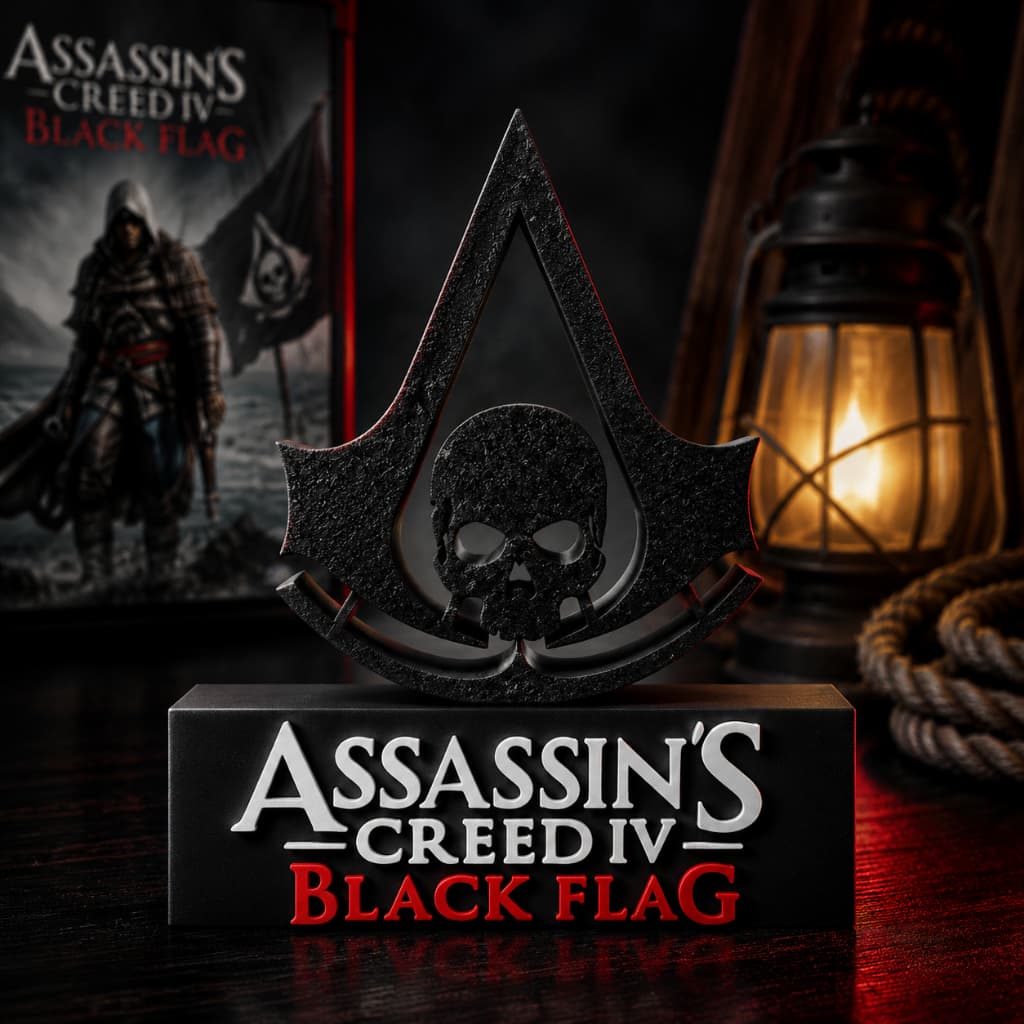 "Içar Velas e Decorar o Seu Setup": Placa Escultura Assassin's Creed IV Black Flag Premium com Base Expositora! 🎮🏴‍☠️⚓