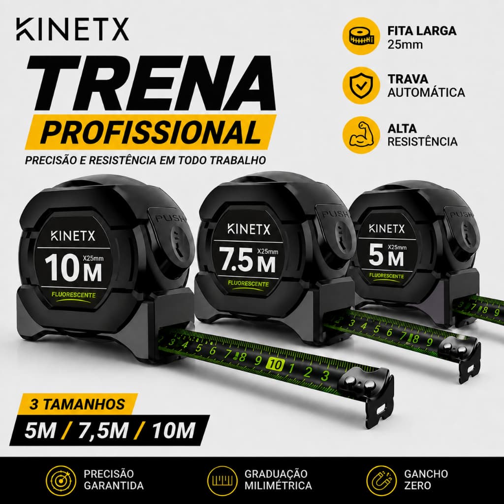 Trena Metrica Fluorescente KINETX De Aco Com Trava Automatica Trena Profissional 5m / 7.5m / 10m High Precision