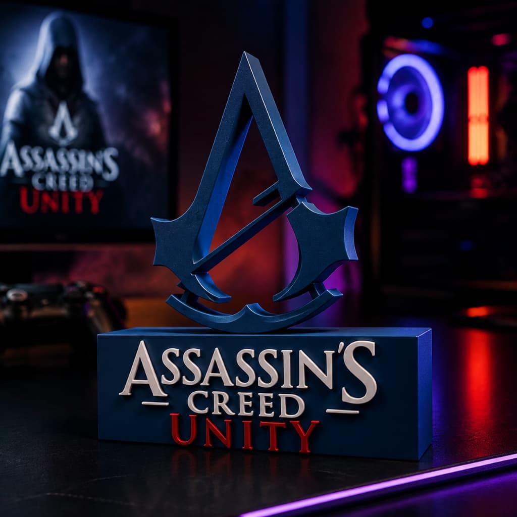 Placa Assassin's Creed Unity – Letreiro Gamer Mesa, Enfeite Setup, Revolução ⚔️⚜️