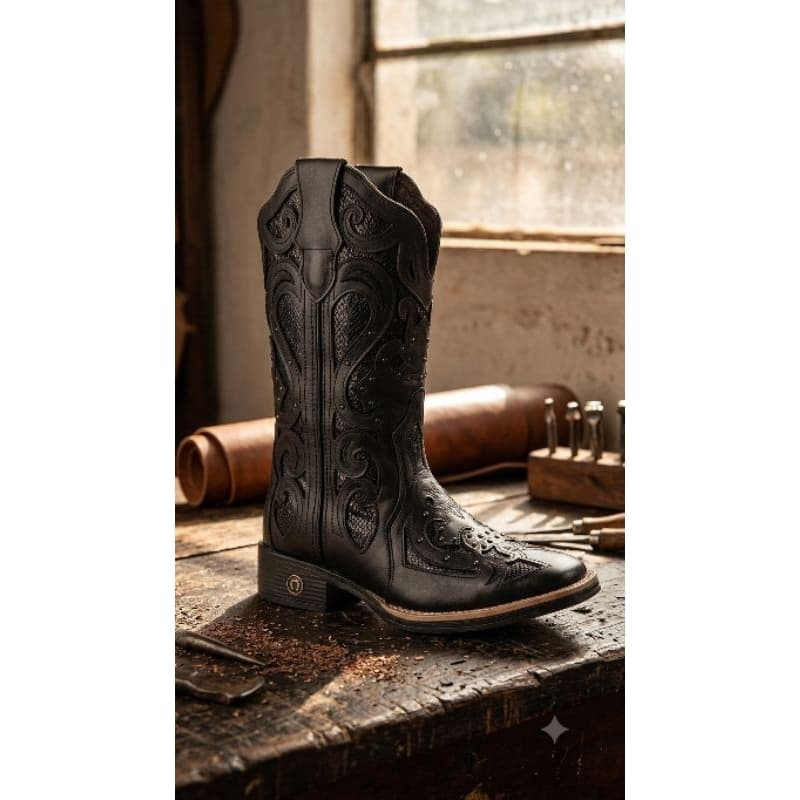 Bota Texana Feminina de Couro Preto com Bordados Artesanais - Elegância Country